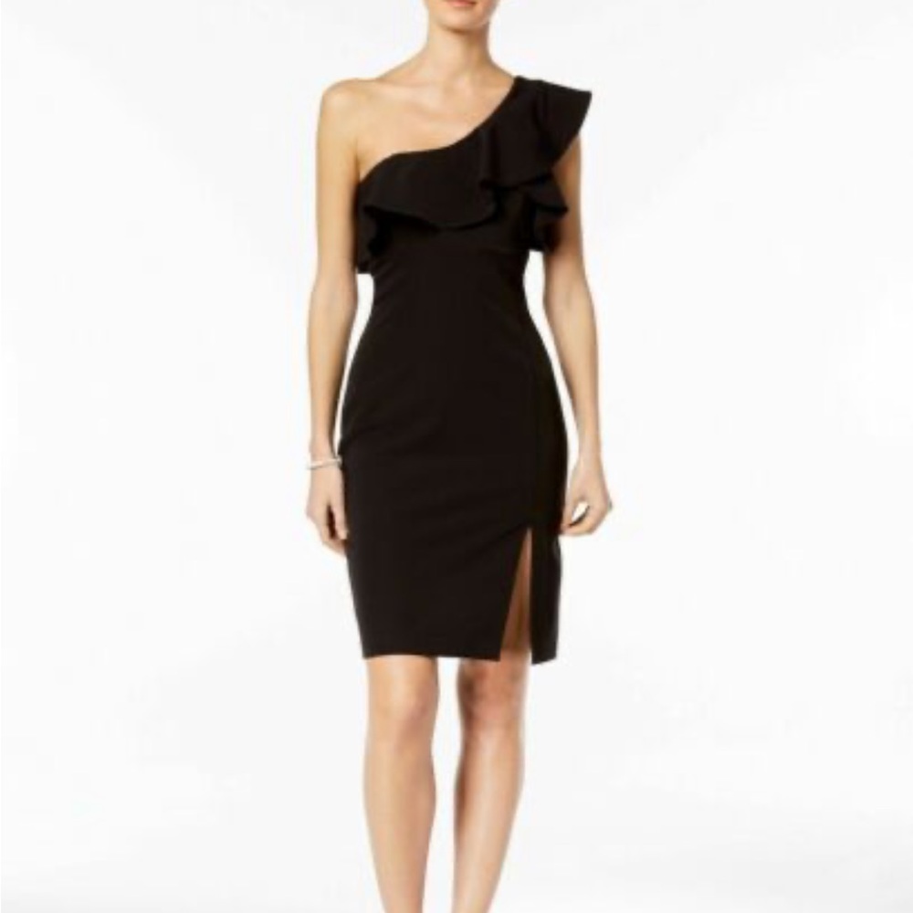 Bardot Ruffle one shoulder mini dress w slit black sz US 8